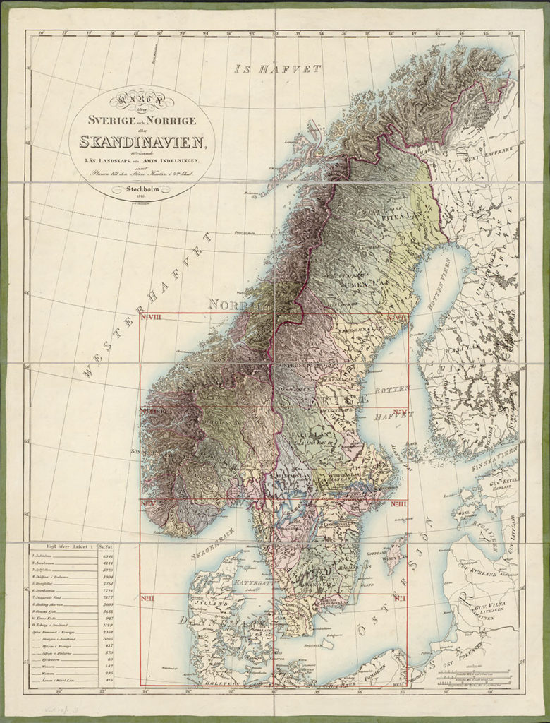 Carl af Forsells kart over den skandinaviske halvøy, påbegynt etter unionsinngåelsen i 1814, sidestilte Sverige og Norge med Skandinavia i tittelen. Eier: Nasjonalbiblioteket