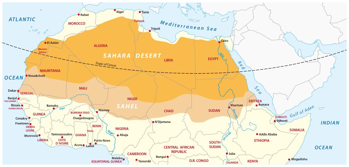 Kart som viser Sahara-ørkenen og landene i Sahel-regionen i Nord-Afrika.